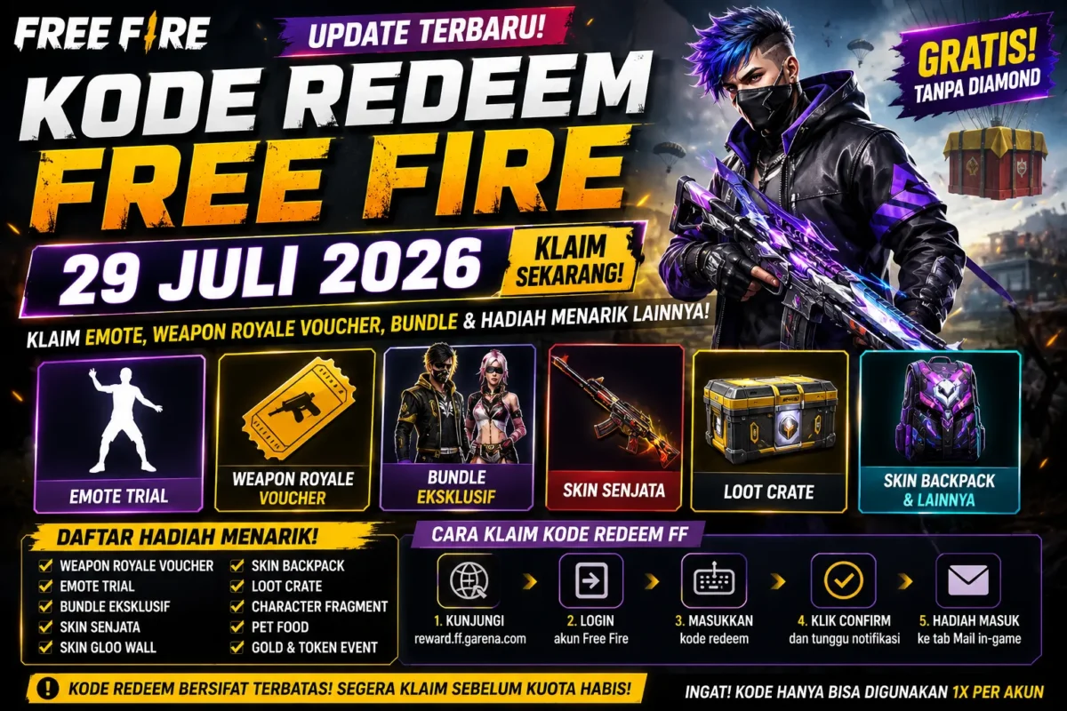 Update Kode Redeem FF 29 Juli 2026, Buruan Klaim Bundle hingga Skin Senjata Gratis
(Foto: ea/intiperistiwa/AI)